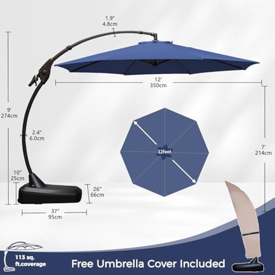 12FT Round Offset Cantilever Patio Umbrella with Base & Cover