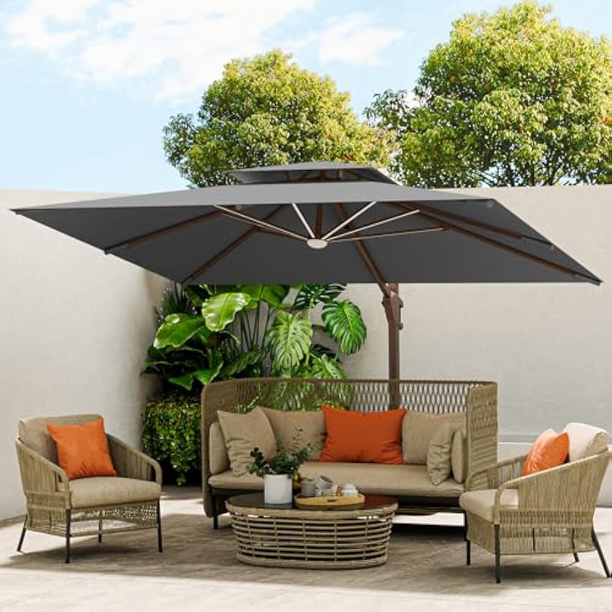 Rotating Rectangular Offset Cantilever Patio Umbrella with LED Lights
