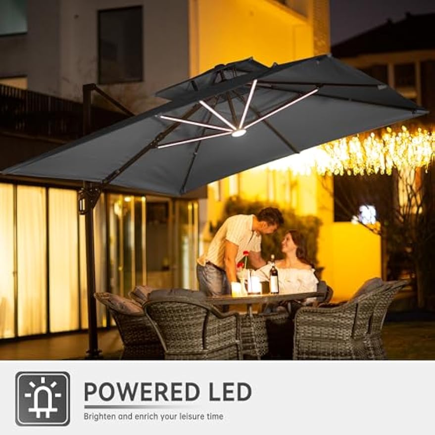 Rotating Rectangular Offset Cantilever Patio Umbrella with LED Lights
