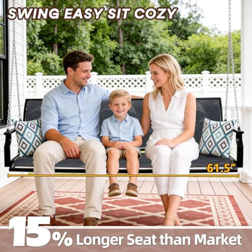 3‑Seat Textilene Hanging Porch Swing with Pillows