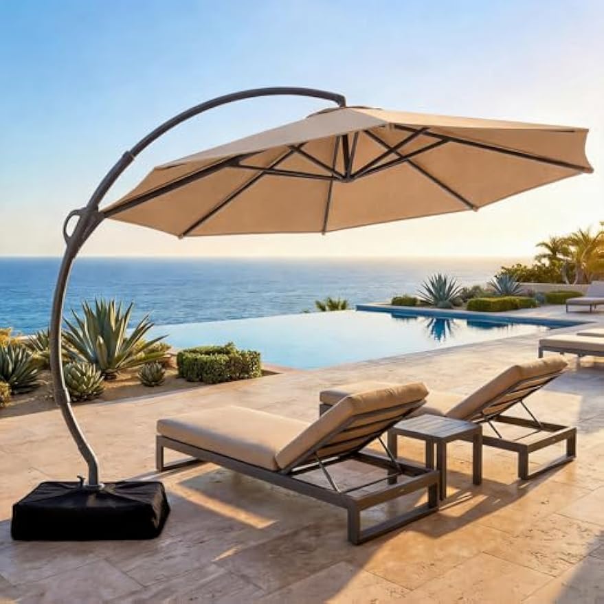 Curvy Rotating Offset Cantilever Patio Umbrella with Base