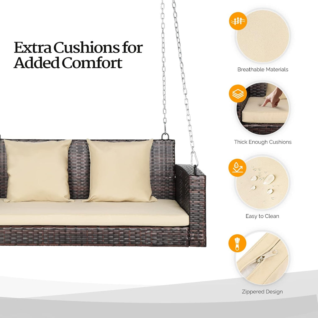 2‑Person Wicker Hanging Porch Swing Bench with Cushion