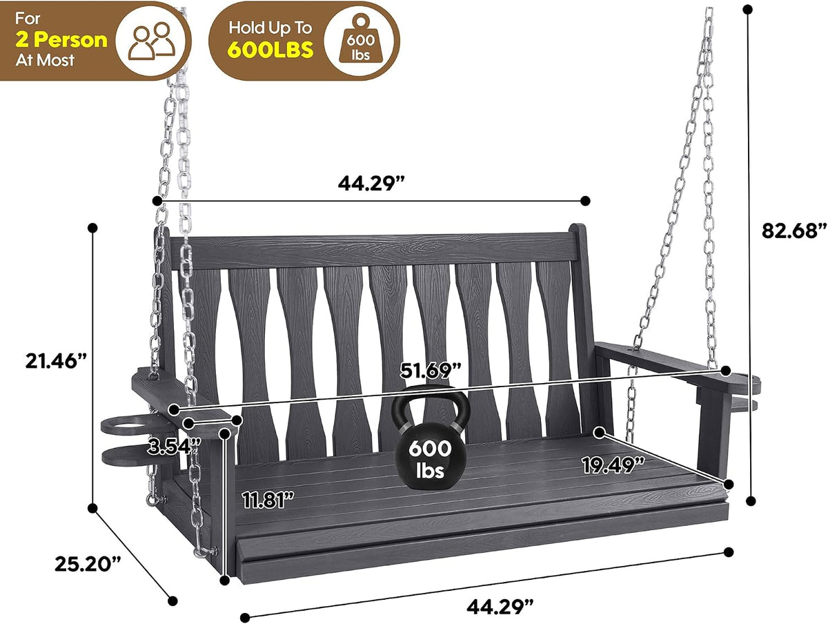 2‑Seat All‑Weather Hanging Porch Swing Bench