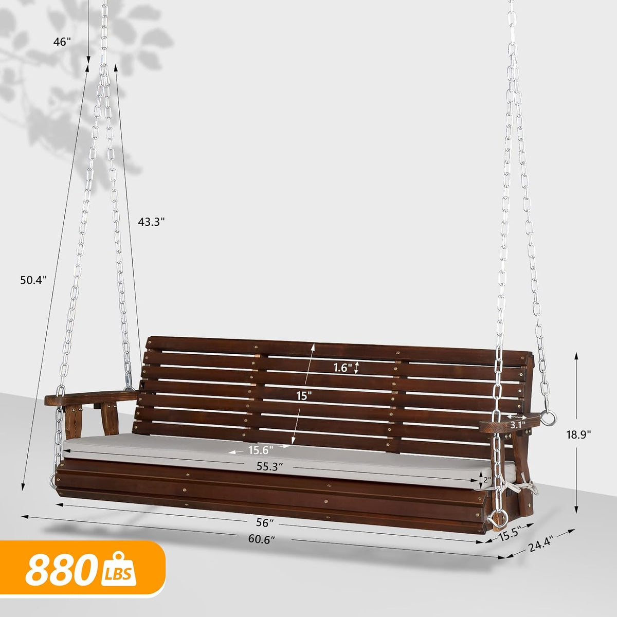 Heavy‑Duty Wooden Porch Swing with Cushion
