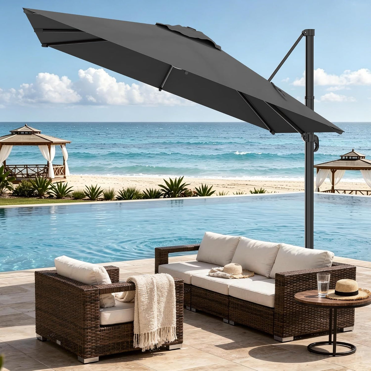 Rotating Square Offset Cantilever Patio Umbrella with Crank