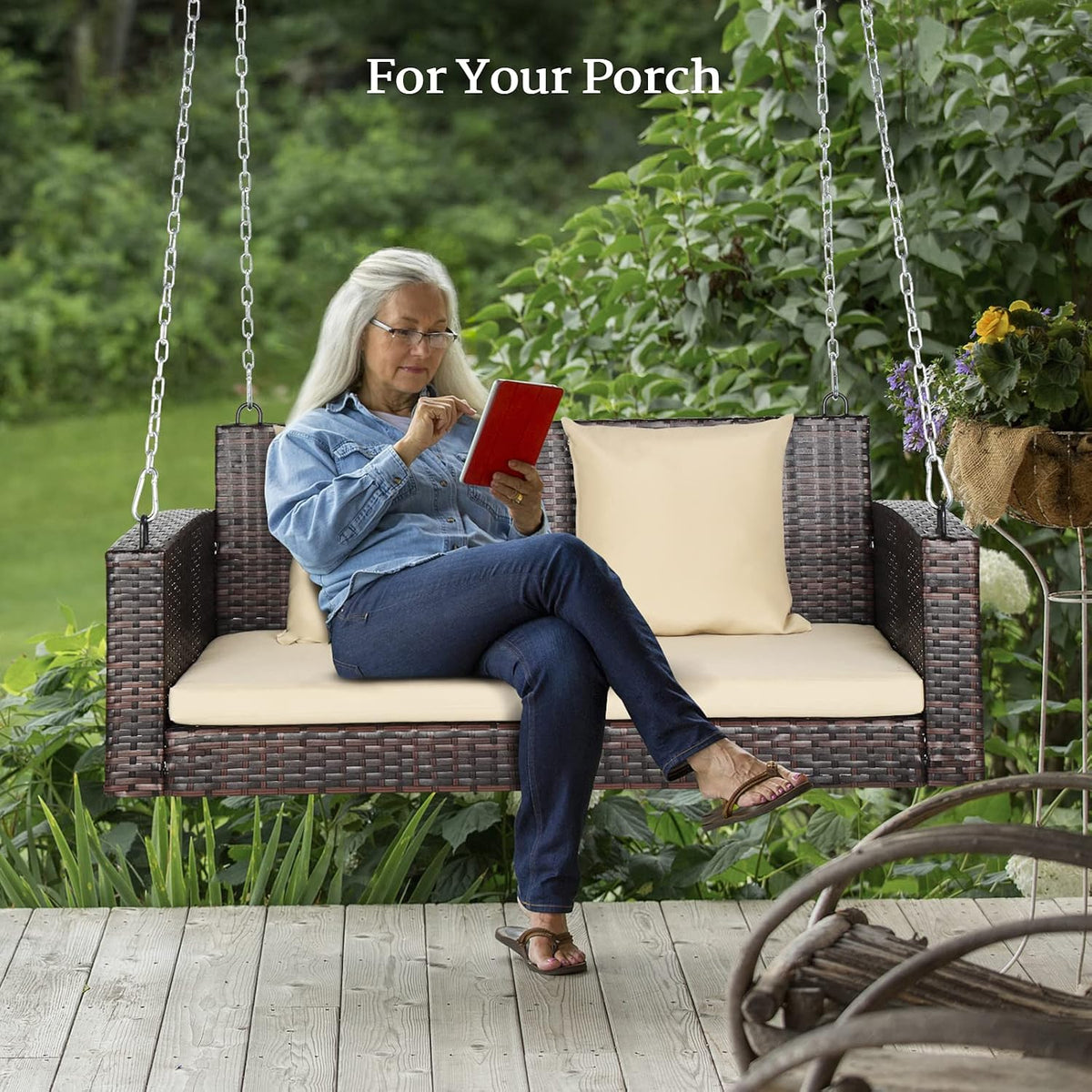 2‑Person Wicker Hanging Porch Swing Bench with Cushion