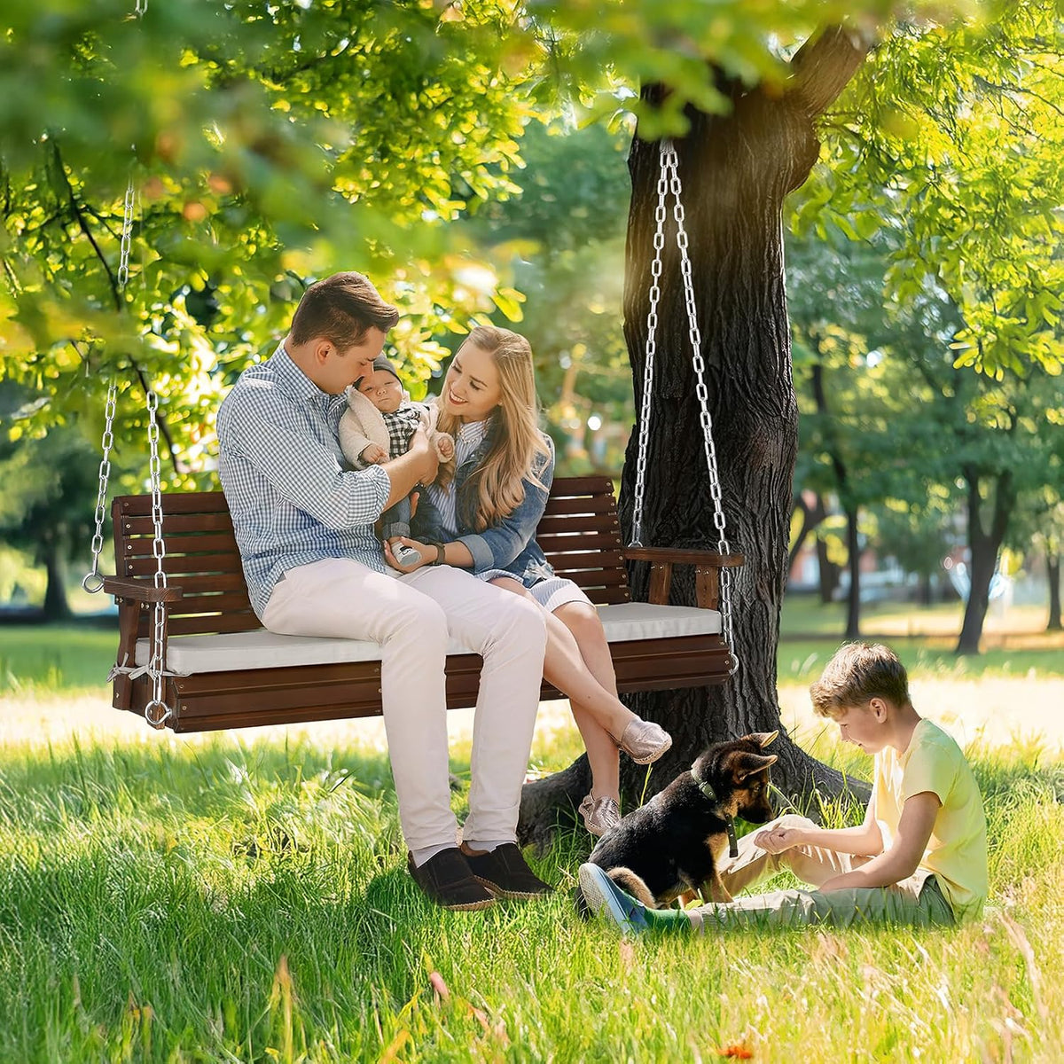 Heavy‑Duty Wooden Porch Swing with Cushion