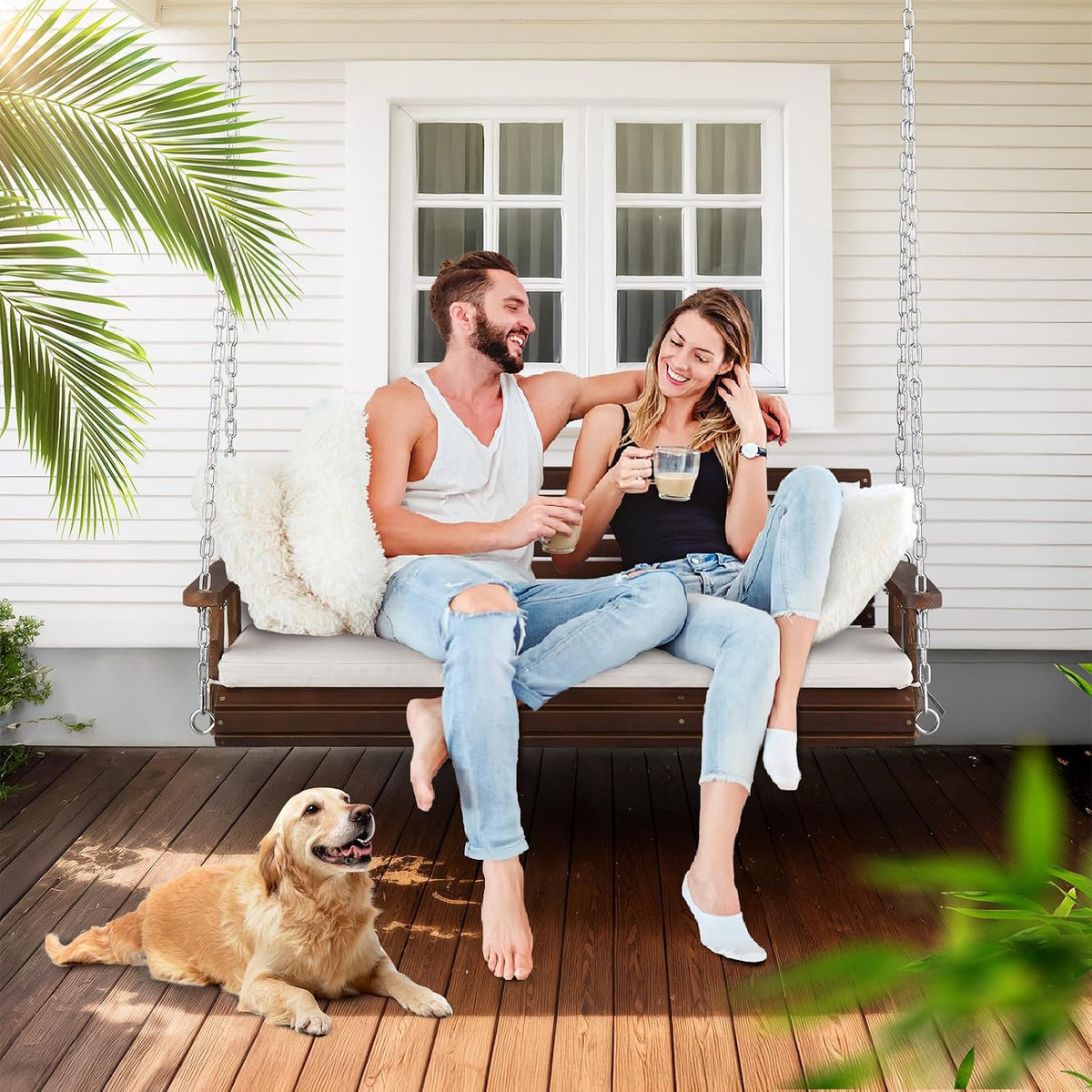 Heavy‑Duty Wooden Porch Swing with Cushion