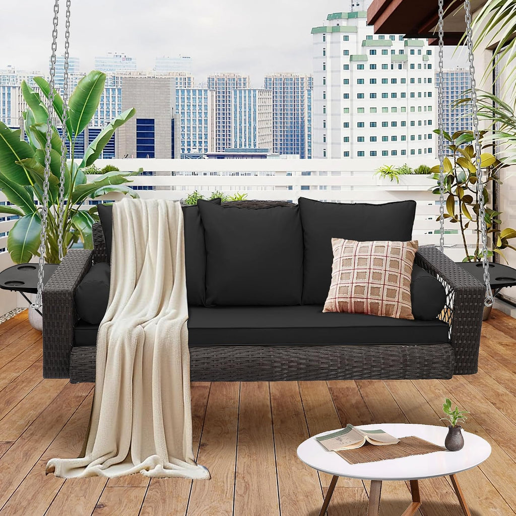 3‑Person PE Wicker Hanging Porch Swing with Cushion