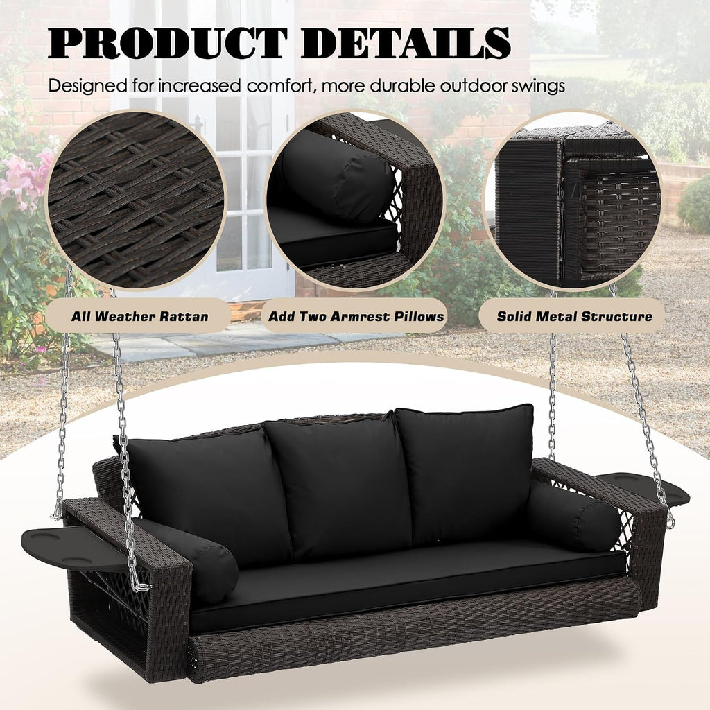 3‑Person PE Wicker Hanging Porch Swing with Cushion