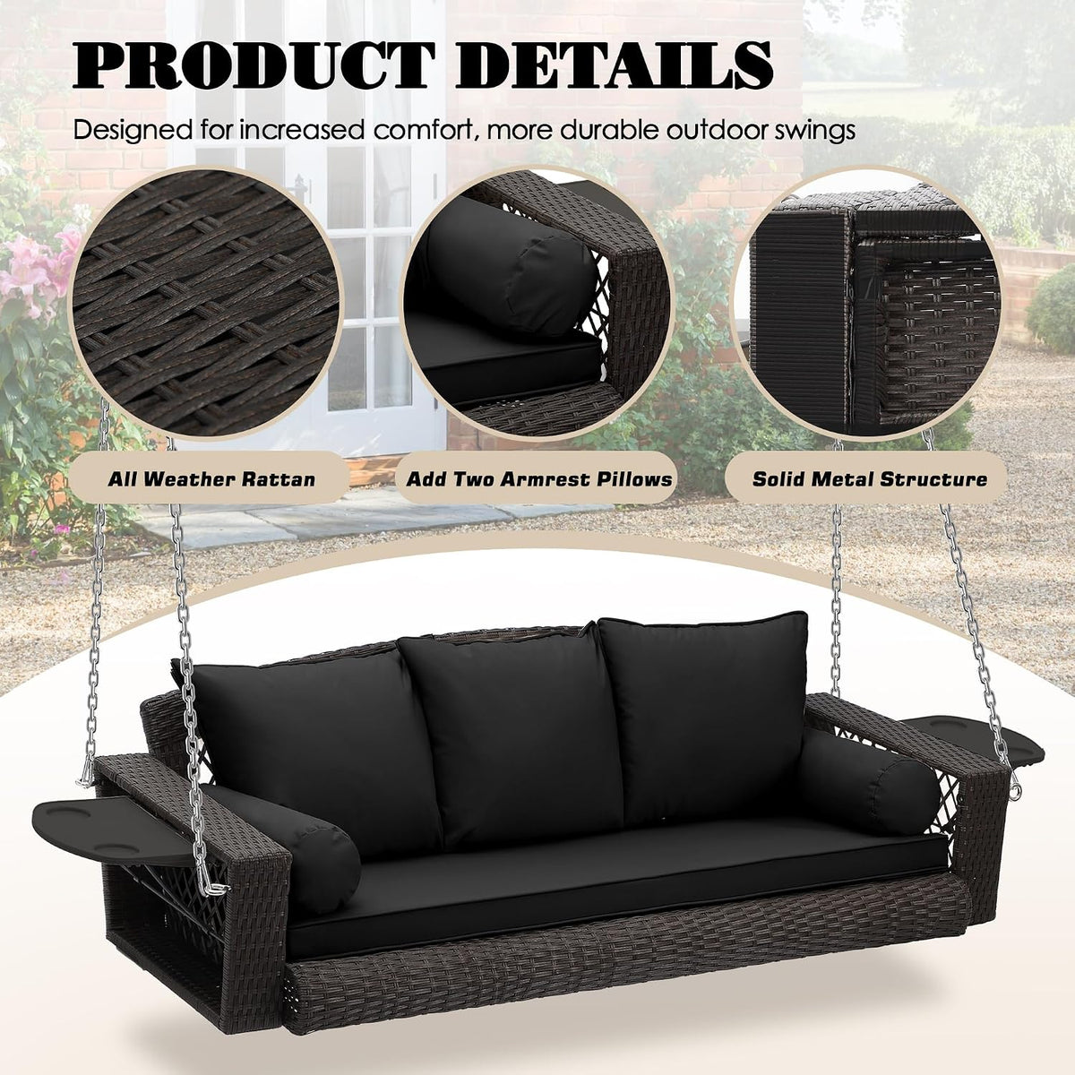 3‑Person PE Wicker Hanging Porch Swing with Cushion