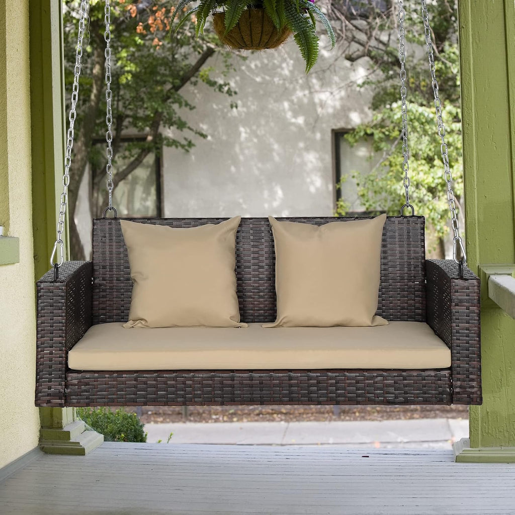 2‑Person Wicker Hanging Porch Swing Bench with Cushion
