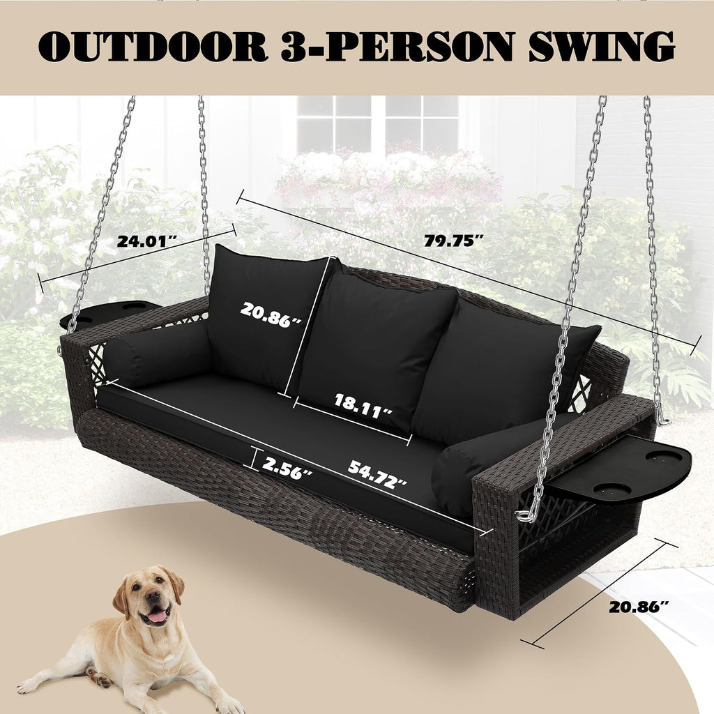 3‑Person PE Wicker Hanging Porch Swing with Cushion