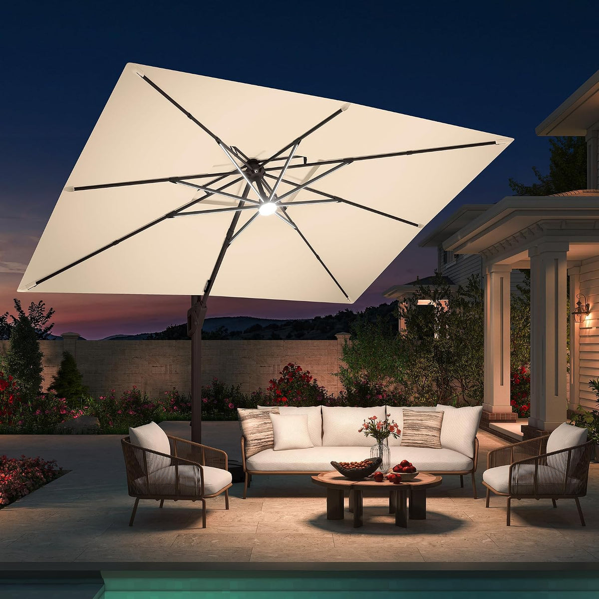 Rotating Rectangular Cantilever Patio Umbrella with Lights