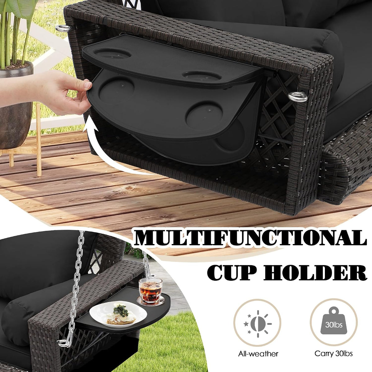 3‑Person PE Wicker Hanging Porch Swing with Cushion
