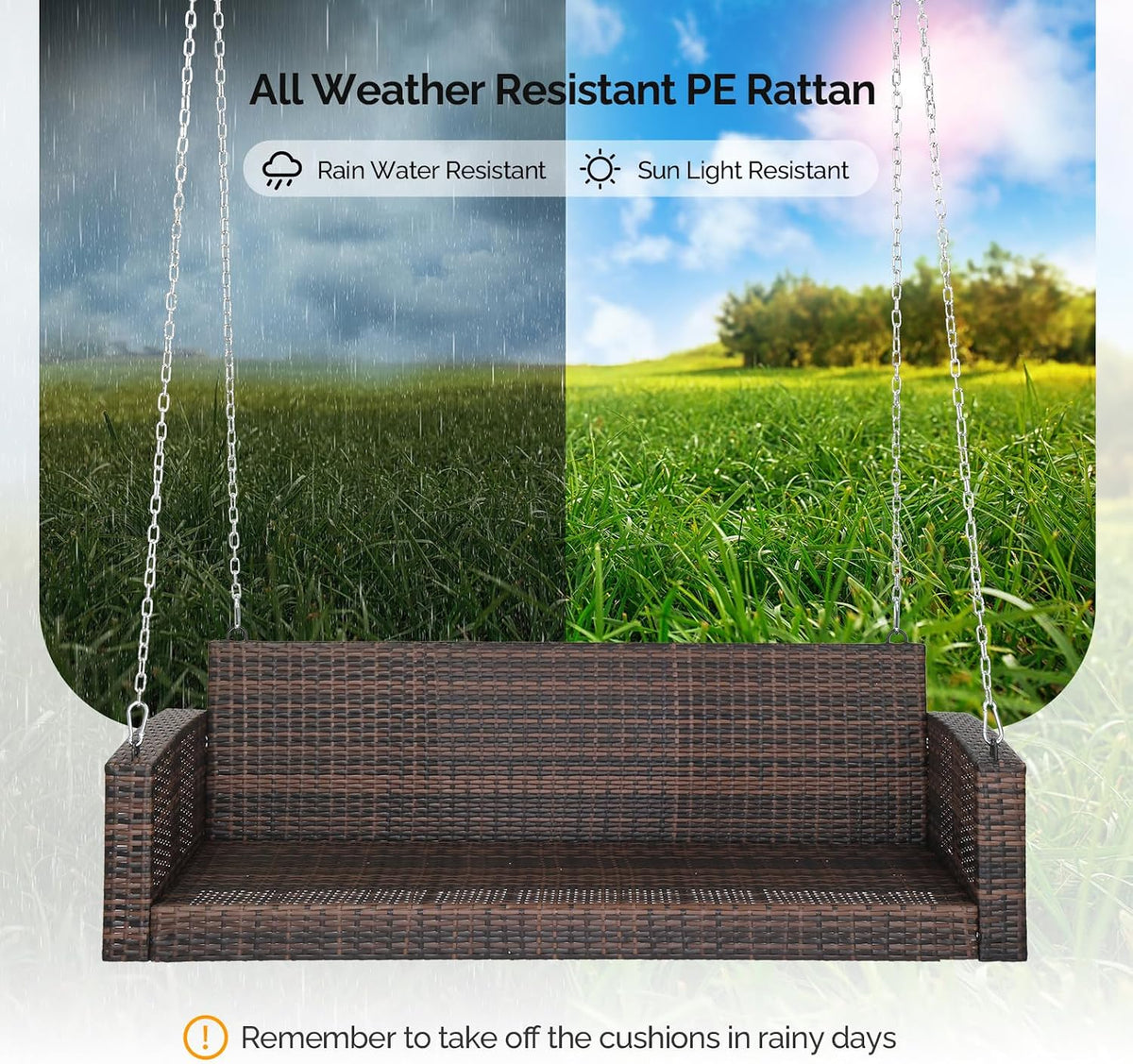 3‑Person Wicker Porch Swing with Cushion