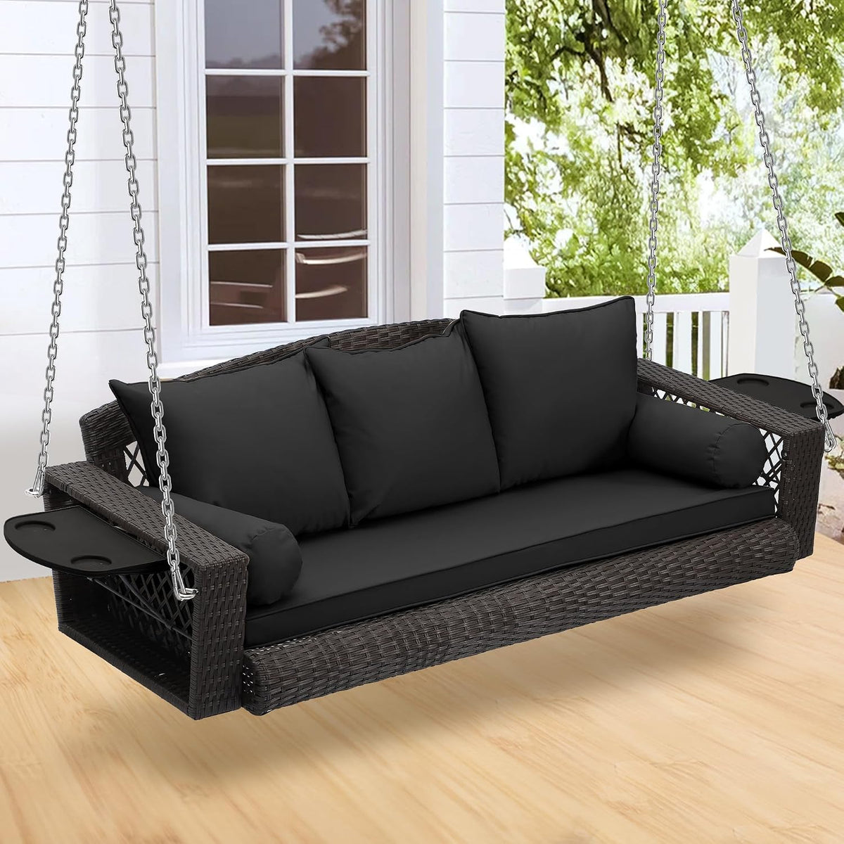 3‑Person PE Wicker Hanging Porch Swing with Cushion