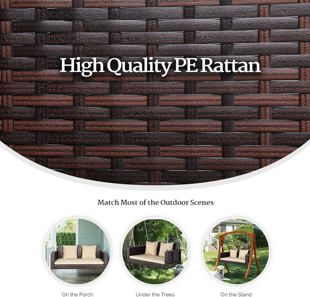 2‑Person Wicker Hanging Porch Swing Bench with Cushion