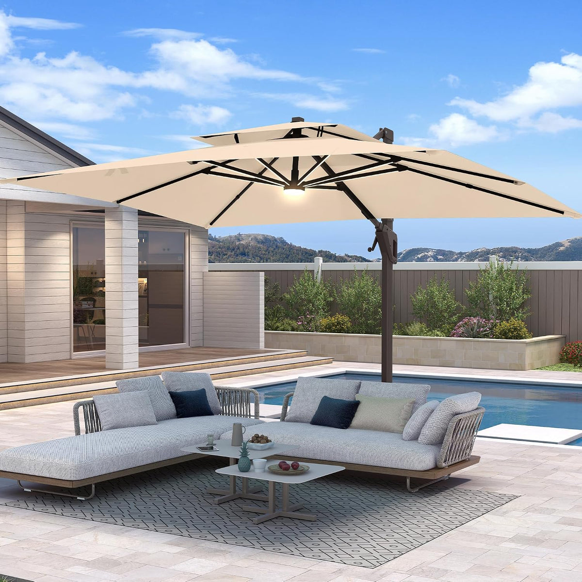 Rotating Rectangular Cantilever Patio Umbrella with Lights
