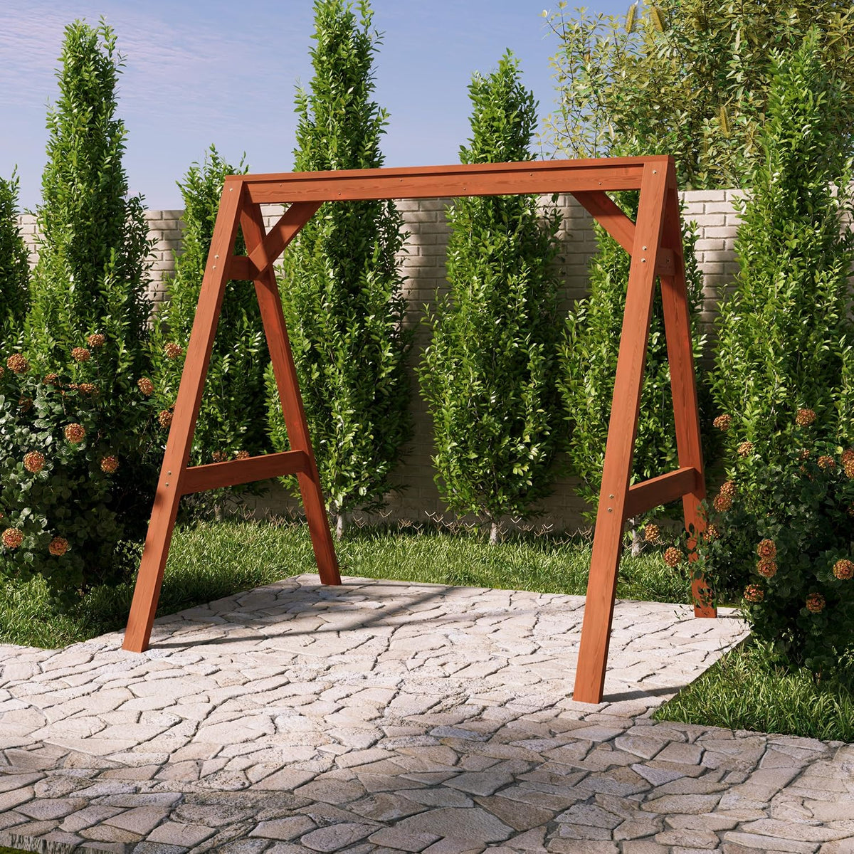Cedar‑Stained A‑Frame Porch Swing Stand