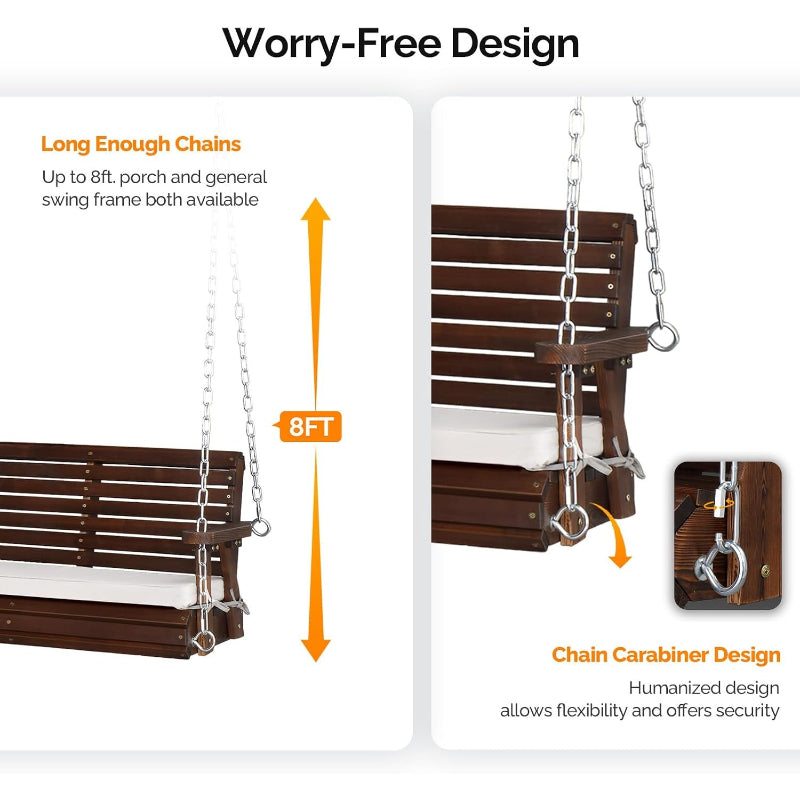 Heavy‑Duty Wooden Porch Swing with Cushion