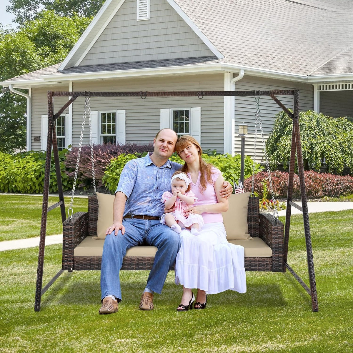 3‑Person Wicker Porch Swing with Cushion