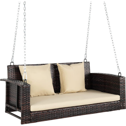 2‑Person Wicker Hanging Porch Swing Bench with Cushion